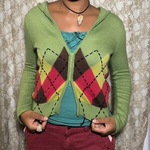 Green argyle 2000s buffy sweater